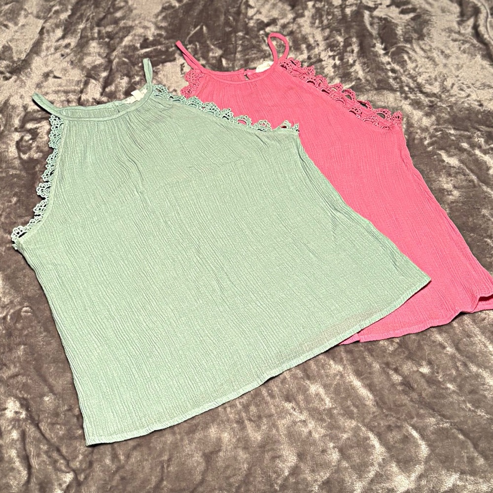 2-Blu Pepper Lace Trim Tank Tops - Mint and Pink